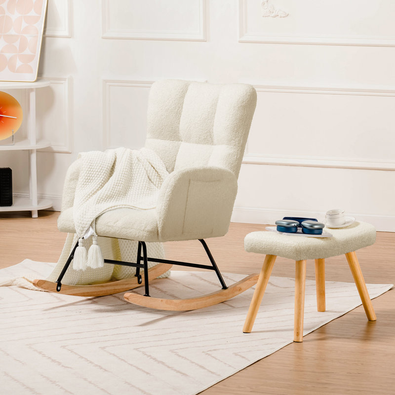 George Oliver Nursery Rocking Chair with Ottoman Teddy Upholstered Glider Rocking Chair with Side Pockets Macfarland Accent Chair with High Backrest Reading Chair for Adult Nursery Bedroom Living Room...